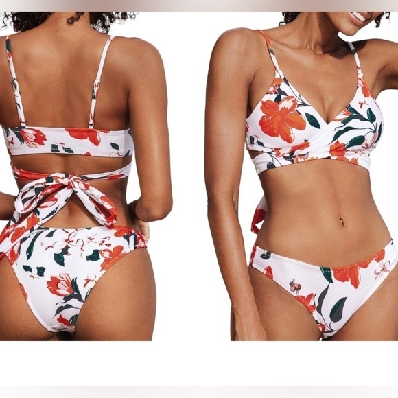 Cupshe Other - Cupshe Wrap Back Tie Two Piece Bikini Set White/ Orange Medium